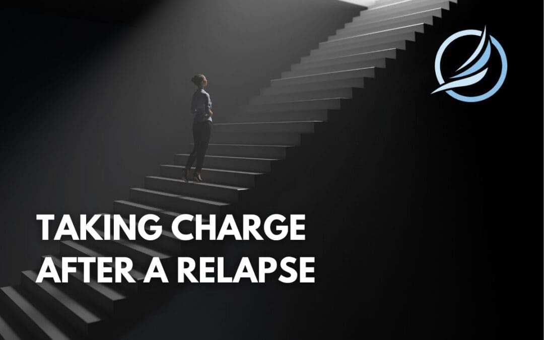 Someone climbing a set of stairs, representing the effort and progress involved in overcoming a relapse and continuing the journey towards sobriety. Steps to recover from relapse.