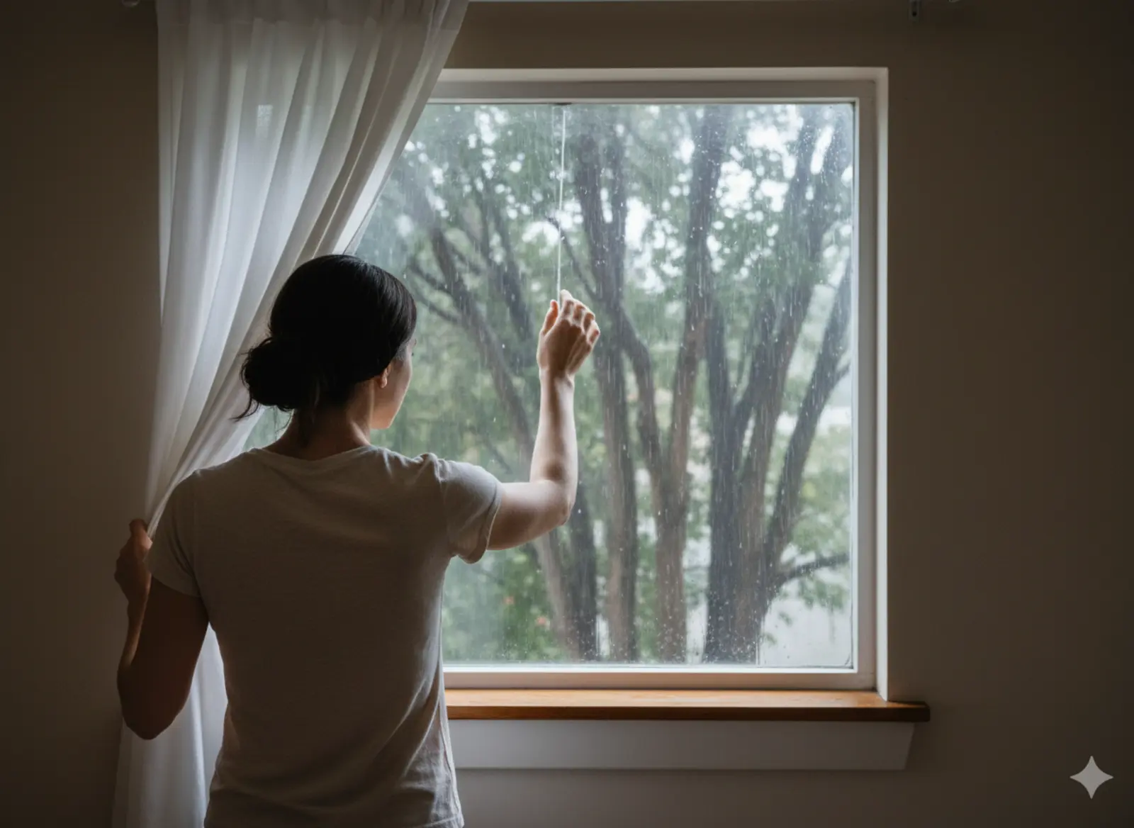 What Is Freebasing? A woman looking out a window on a rainy day.