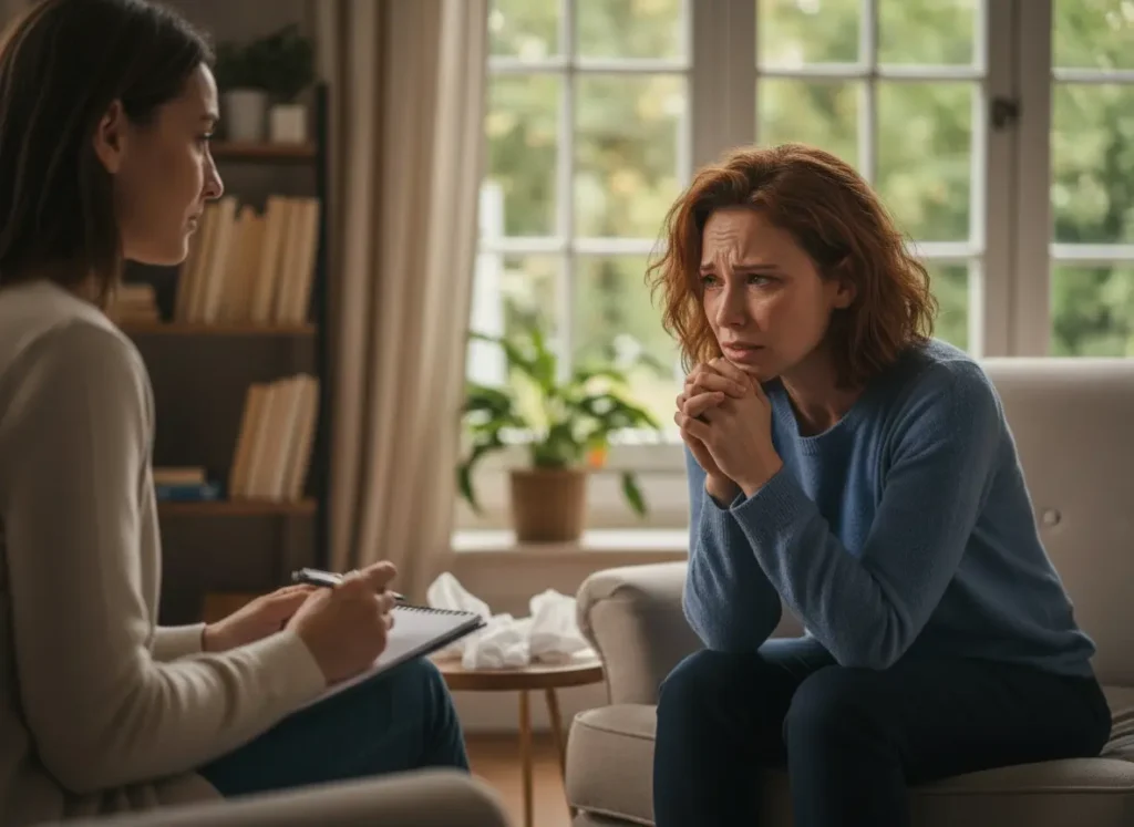 A young woman that looks upset speaks with a therapist.