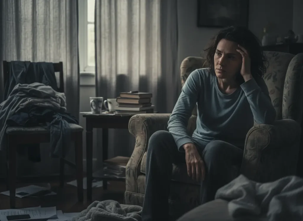 Worried woman sitting in a dim, messy room