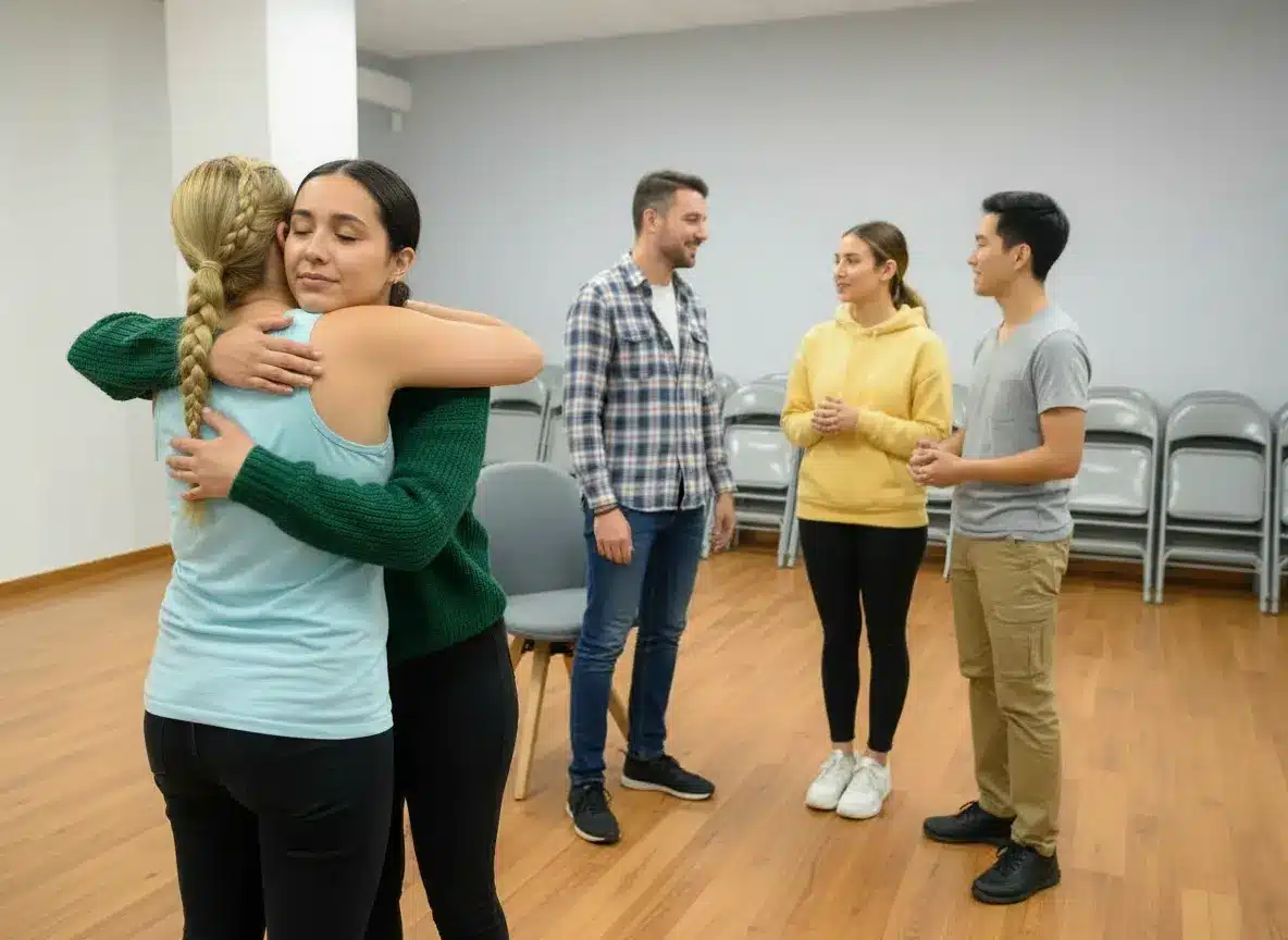Two women hugging with three additional people standing in the distance having a conversation.