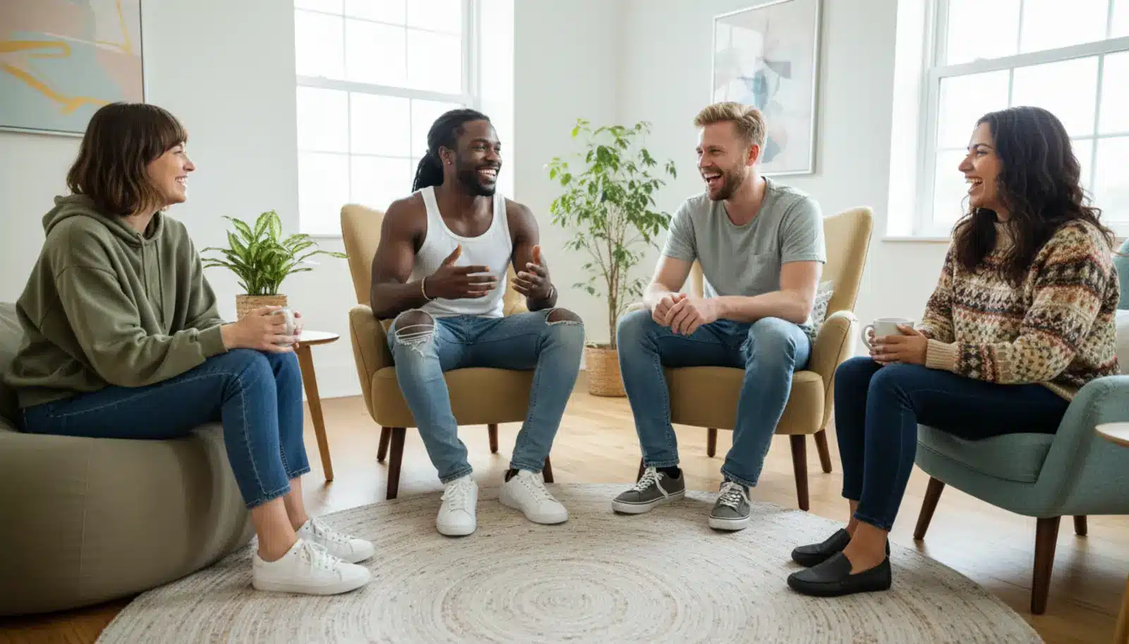 Group of four people sitting in a circle, smiling and talking together in a cozy, well-lit room.