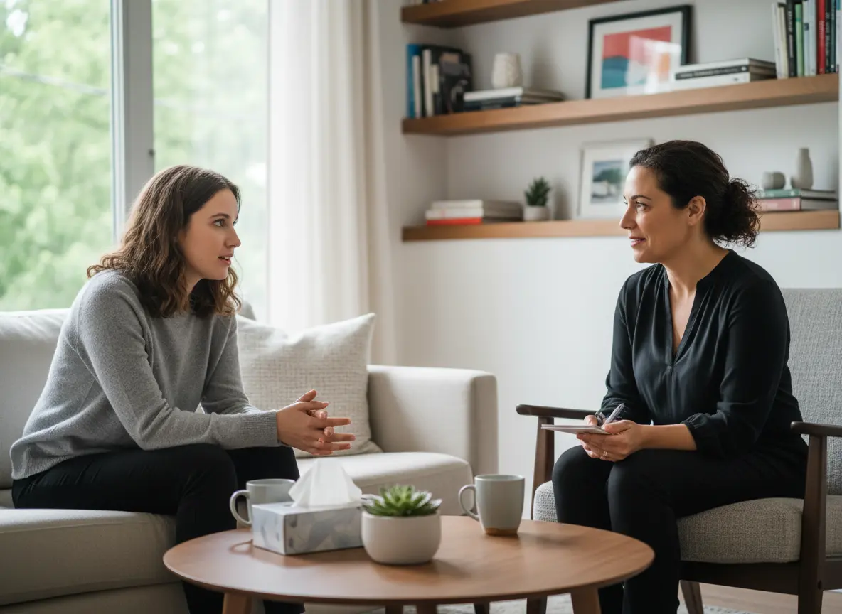 A woman sitting on a couch talking to another woman that sits across in a chair and is taking notes.