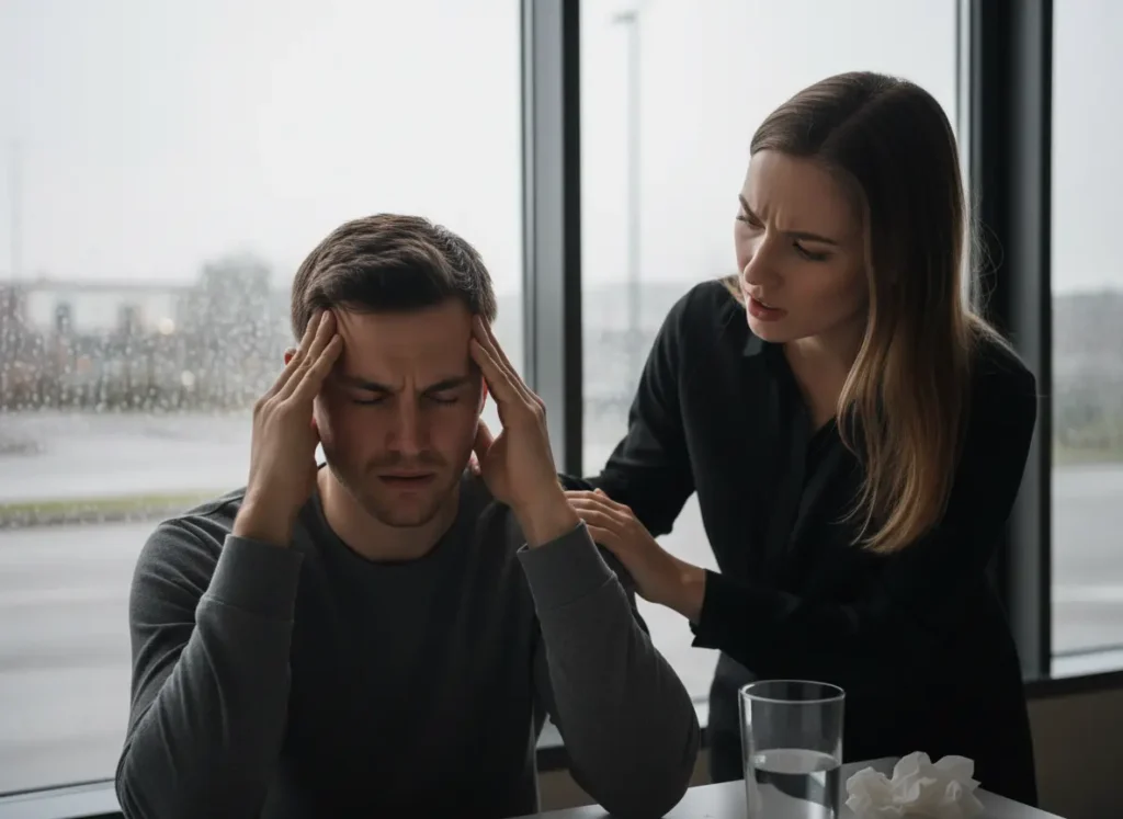 Man with headache being comforted by a woman in a rainy window setting.
