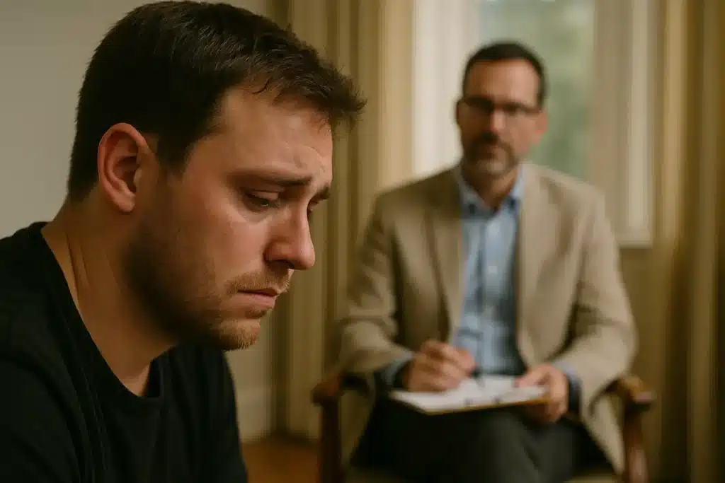 Man in therapy session with counselor, expressing emotions and seeking support.