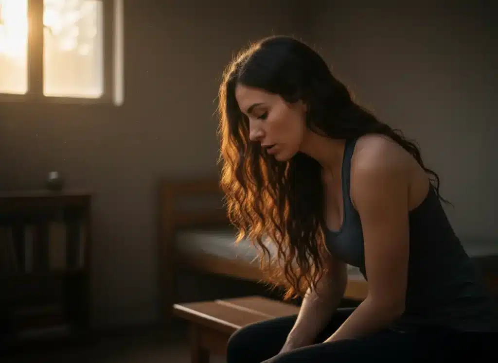 What is Anxiety? A woman in a dimly lit room sitting on the edge of a bench with her eyes closed