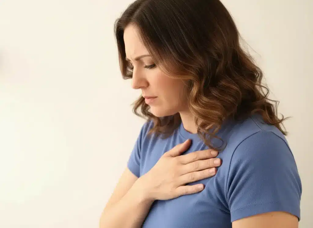 A woman with her hand to her chest struggling with low oxygen.