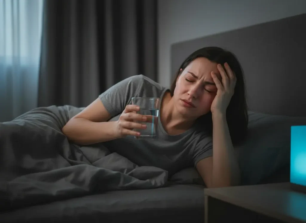 A young woman lays on her side with her hand to her head, holding a glass of water. She looks upset.