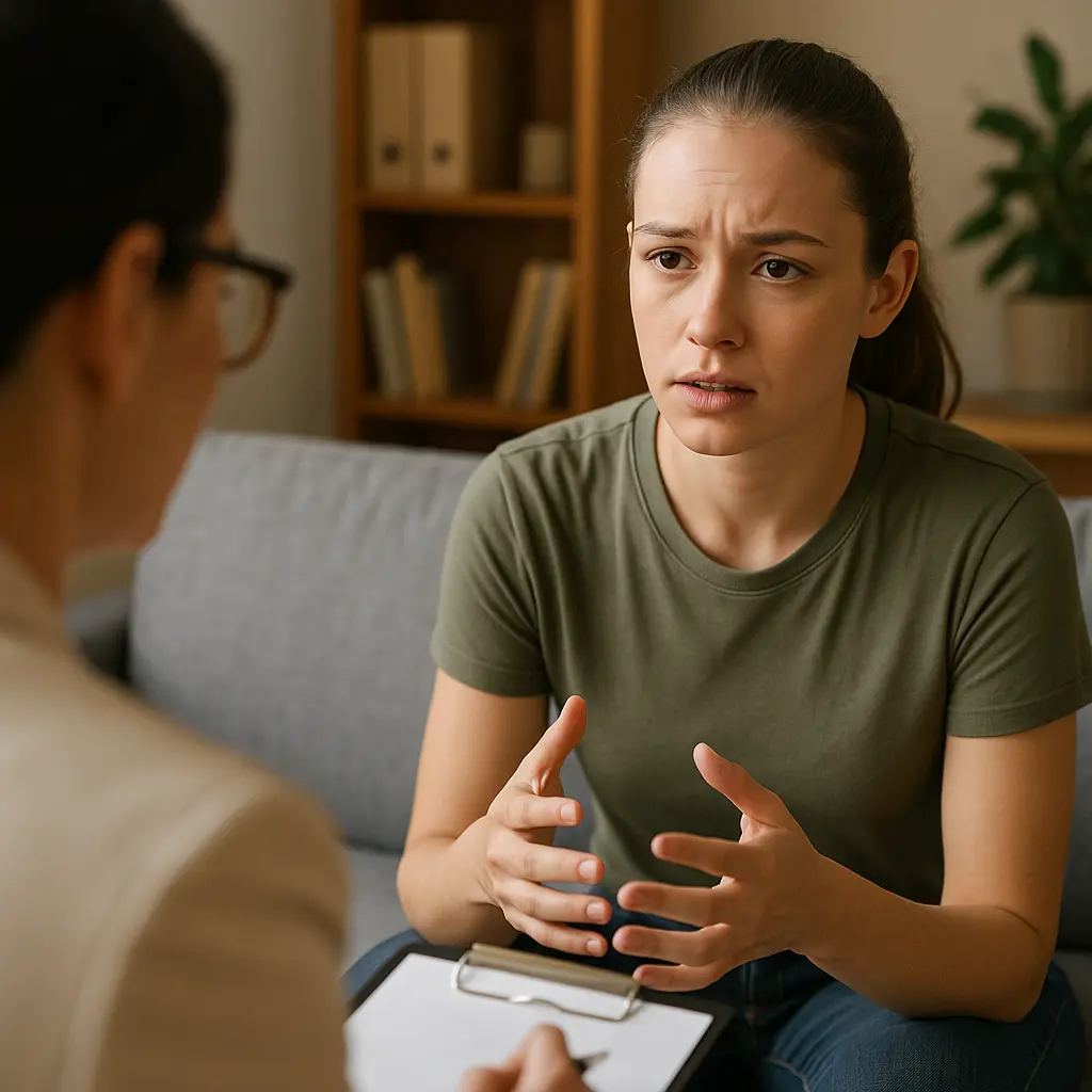 Young dark-haired woman with a ponytail talking to her therapist